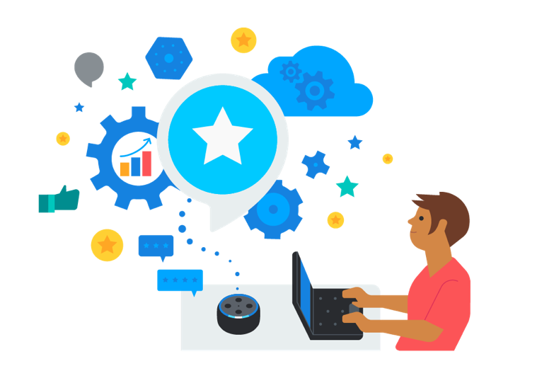 Illustration of a developer configuring an alexa device using a laptop